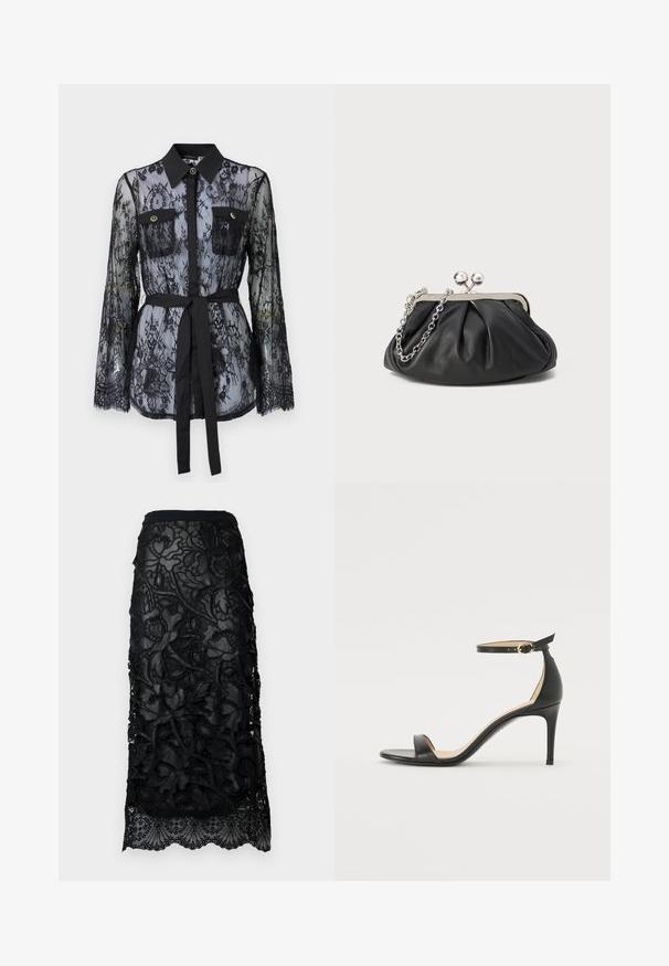 Zwarte kanten blouse met lange mouwen, knoopzakken op de borst, een klassieke kraag en een stoffen riem die op de taille is gestrikt. Doorzichtige uitstraling.; Zwarte kant rok met ingewikkelde bloemenborduursel, een getailleerde tailleband en een gegolfde zoom. Transparante overlay met textuurdetails.; Zwarte leren hoge hak sandaal met enkelbandje. Heeft een gladde textuur, open teen en een dunne hak. Gouden gesp detail.; Zwarte leren clutch met geplooide textuur, zilverkleurig metalen frame, drukknopsluiting en kettingriem. Glad, zacht oppervlak.