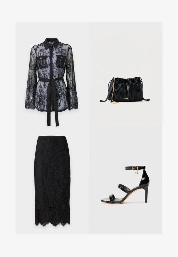 Schwarze Spitzenbluse mit langen Ärmeln, knöpfbaren Brusttaschen, klassischem Kragen und einem Stoffgürtel, der an der Taille gebunden ist. Transparenter Design.; Pinko GALLETTA - Bleistiftrock - nero limousine; Schwarze Lackleder-Sandale mit drei Riemen, Knöchelriemen und 10 cm hohen Stiletto-Absatz. Verfügt über goldfarbene Hardware-Details und ein Logo-Charm.; Schwarze, plissierte Ledertasche mit Kordelzug, goldener Kettenriemen und kleinem, horizontalem goldfarbenem Akzent auf der Vorderseite.