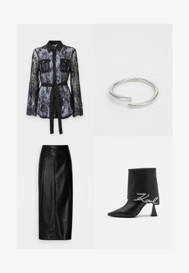 Zwarte kanten blouse met lange mouwen, knoopzakken op de borst, een klassieke kraag en een stoffen riem die op de taille is gestrikt. Doorzichtige uitstraling.; Zwarte leren midi-rok met een aansluitende taille, een gladde textuur, zichtbare naden en een rechte silhouet. Geen versieringen aanwezig.; Zwarte leren enkellaarzen met een puntige neus, hoge blokhak en een opgevouwen bovenkant met een zilveren "Zaul" logo detail.; Calvin Klein SPIRAL - Armband - silver-coloured