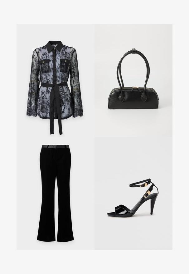 Zwarte kanten blouse met lange mouwen, knoopzakken op de borst, een klassieke kraag en een stoffen riem die op de taille is gestrikt. Doorzichtige uitstraling.; Zwarte flare-pantalons gemaakt van een gladde stof. Voorzien van een platte tailleband met een glanzende afwerking. Strak ontwerp met twee zijzakken.; Zwart lakleren hoge hak sandaal met dubbele enkelbandjes en gouden gespen, open teen en slanke, taps toelopende hak op een neutrale achtergrond.; Zwarte leren handtas met twee verlengde handvatten, ritsluiting en ronde vorm; gladde textuur met subtiele glanzende afwerking.
