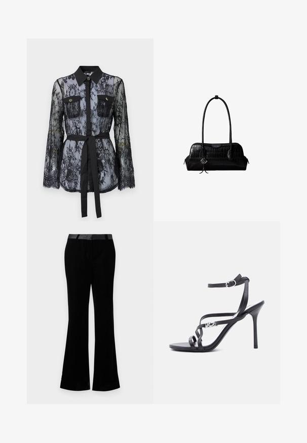 Zwarte kanten blouse met lange mouwen, knoopzakken op de borst, een klassieke kraag en een stoffen riem die op de taille is gestrikt. Doorzichtige uitstraling.; Zwarte flare-pantalons gemaakt van een gladde stof. Voorzien van een platte tailleband met een glanzende afwerking. Strak ontwerp met twee zijzakken.; Zwarte high-heeled sandaal met dunne bandjes, enkelgesp en een metalen logodetail aan het zijbandje, afgebeeld tegen een witte achtergrond.; Zwarte schoudertas van leer met krokodillenstructuur, lange banden en een klein zilveren logohanger aan één band.
