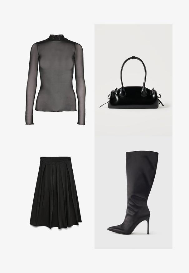 Top negro de manga larga hecho de tela transparente con cuello alto. Presenta un diseño ajustado y sutiles detalles en el dobladillo de los puños y el borde inferior.; Falda midi negra plisada con cinturilla alta, silueta acampanada y textura de tela suave.; Bota negra hasta la rodilla con tacón de aguja, hecha de material liso y elegante; punta puntiaguda; ajuste ceñido con un sutil fruncido cerca del tobillo; tacón brillante.; Pequeño bolso negro brillante con dos asas largas y detalles de cordón lateral sobre un fondo claro liso.