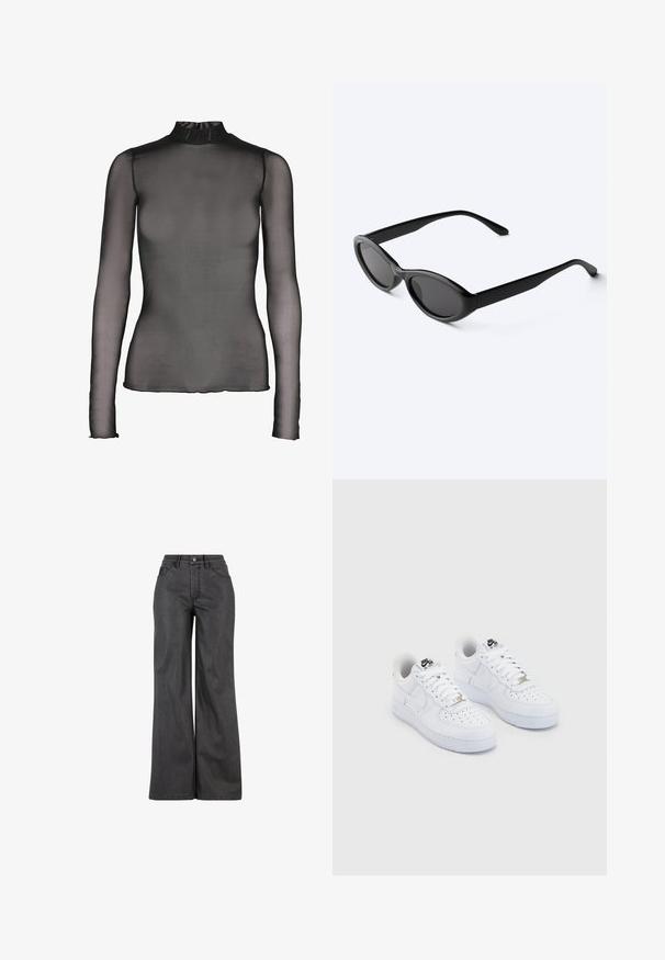 Top negro de manga larga hecho de tela transparente con cuello alto. Presenta un diseño ajustado y sutiles detalles en el dobladillo de los puños y el borde inferior.; Pantalones vaqueros de amplia pierna en negro con una cintura alta, que presentan costuras en contraste y un diseño clásico de cinco bolsillos. Textura suave.; Zapatillas Nike Air Force 1 blancas con una parte superior de cuero suave, puntera perforada, cordones blancos y un logotipo negro en la lengüeta.; Gafas de sol ovaladas negras y elegantes con lentes oscuras y patillas rectas, reposando sobre una superficie blanca.