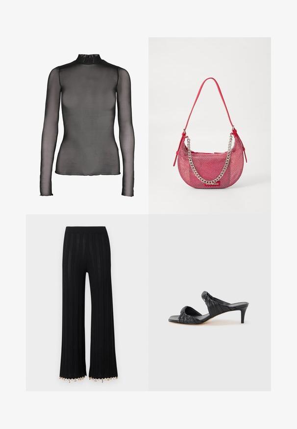 Top negro de manga larga hecho de tela transparente con cuello alto. Presenta un diseño ajustado y sutiles detalles en el dobladillo de los puños y el borde inferior.; Pantalones de punto negros de pierna ancha con canalé vertical y detalles de charmes dorados a lo largo del dobladillo sobre un fondo claro y liso.; Sandalias negras con tacón y puntera cuadrada, hechas de cuero liso. Presentan tiras fruncidas y un tacón delgado para mayor elevación.; Bolsa de mano perforada roja con forma Curva, que cuenta con un detalle de cadena plateada y una correa para el hombro a juego. Logotipo visible en la parte delantera.