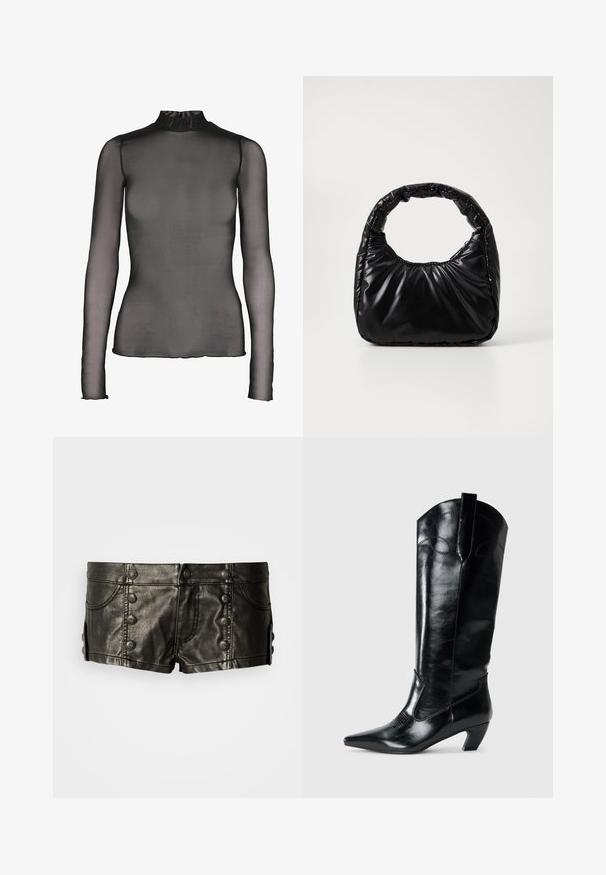 Top negro de manga larga hecho de tela transparente con cuello alto. Presenta un diseño ajustado y sutiles detalles en el dobladillo de los puños y el borde inferior.; Pantalones cortos de cuero negro de tiro bajo con botones metálicos decorativos en el frente y los lados, con bolsillos delanteros y detalles de costura.; Botas de cuero negras hasta la rodilla con punta afilada, tacón bajo y detalle de costura decorativa en los laterales. Acabado suave y brillante.; Bolso negro acolchado con un asa redondeada, que presenta una superficie lisa y brillante y una textura suave y acolchada. Sin herrajes ni acentos visibles.