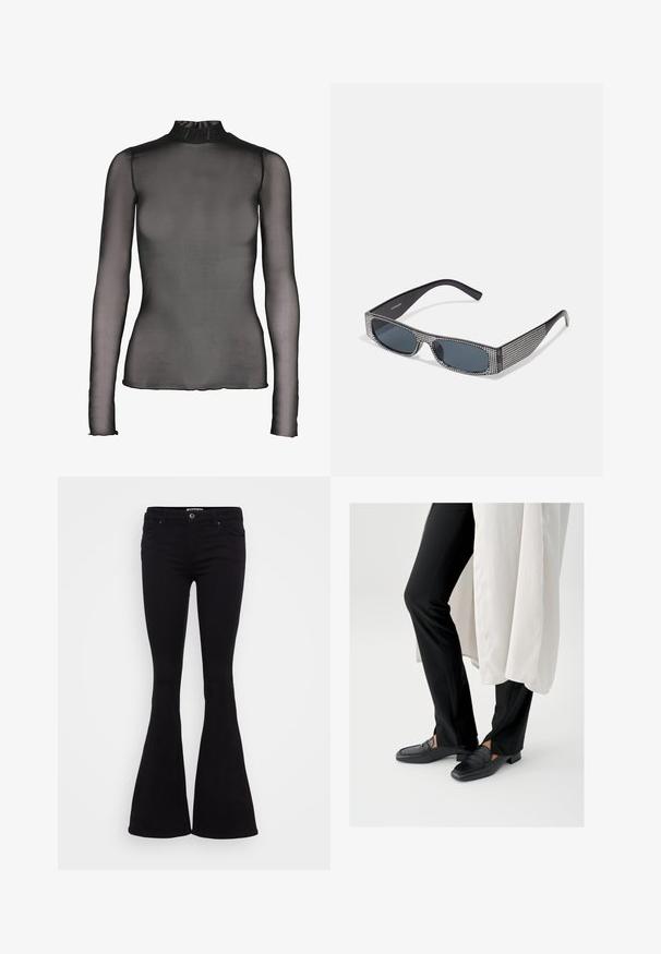 Top negro de manga larga hecho de tela transparente con cuello alto. Presenta un diseño ajustado y sutiles detalles en el dobladillo de los puños y el borde inferior.; Jeans negros de campana con una tela suave, cintura de altura media, bolsillos delanteros y cierre de botón. El dobladillo se ensancha en la parte inferior.; Mocasines negros de cuero con punta cuadrada y tacón bajo de bloque, combinados con pantalones negros ajustados y una capa exterior blanca y fluida.; Gafas de sol negras con lentes grises, presentando un patrón enrejado de pequeños rhinestones metálicos a lo largo de las monturas. Acabado suave, diseño angular.
