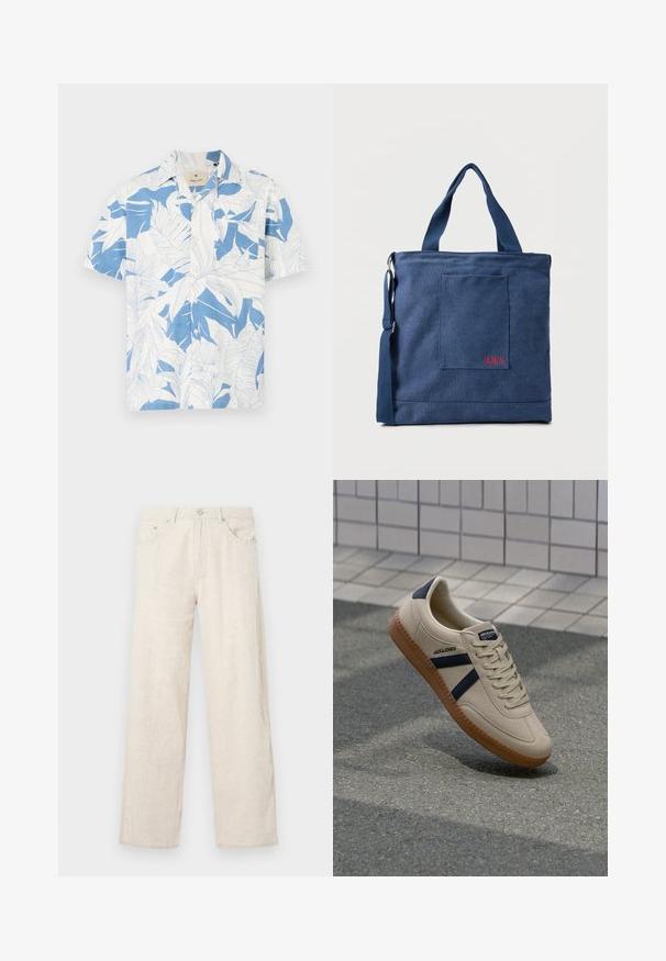 Korte mouw shirt met een wit en blauw tropisch bladpatroon, gemaakt van lichtgewicht stof. Heeft een klassieke kraag en een knoopsluiting aan de voorkant.; Beige wijde broek van textuurstof, met een knoopsluiting, riemlussen en klassieke zakken.; Beige sneaker met een textuurafwerking, marineblauwe strepen en een rubberen zool. Heeft een gevoerde tong en een traditioneel vetersysteem voor een veilige pasvorm.; Blauwe canvas tas met voorvak en rode "O.N.S" borduring, voorzien van dubbele handvatten en een verstelbare schouderriem.