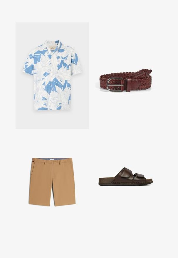 Camisa de manga corta con un estampado de hojas tropicales en blanco y azul, hecha de una tela ligera. Cuenta con un collar clásico y un diseño de botones en la parte frontal.; Pantalones cortos beige para hombre hasta la rodilla con cierre de botón y cremallera, trabillas para cinturón, bolsillos laterales y una pequeña etiqueta roja, blanca y azul en el bolsillo izquierdo.; Sandalia tipo slide de cuero marrón oscuro con dos tiras de velcro ajustables y una suela gruesa y texturizada.; Cinturón de cuero marrón trenzado con hebilla rectangular metálica plateada, textura suave y diseño trenzado que realza la flexibilidad y el estilo.
