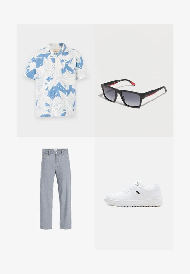 Kurzarmhemd mit einem weißen und blauen tropischen Blätterdruck, aus leichtem Stoff gefertigt. Verfügt über einen klassischen Kragen und ein knöpfbares Design.; Helle blaue Jeans aus Denim mit lockerer Passform, geradem Bein, sichtbaren Nähten, zwei vorderen Taschen und einem Knopfverschluss.; Weißer Sneaker mit niedrigem Schaft, Schnürverschluss, strukturiertem Seitenpaneel und kleinem schwarzem Lee-Logo-Tag auf weißem Hintergrund.; Schwarze rechteckige Sonnenbrille mit verlaufenden dunklen Gläsern und roten Akzenten an den Bügeln, auf einer weißen Oberfläche liegend.
