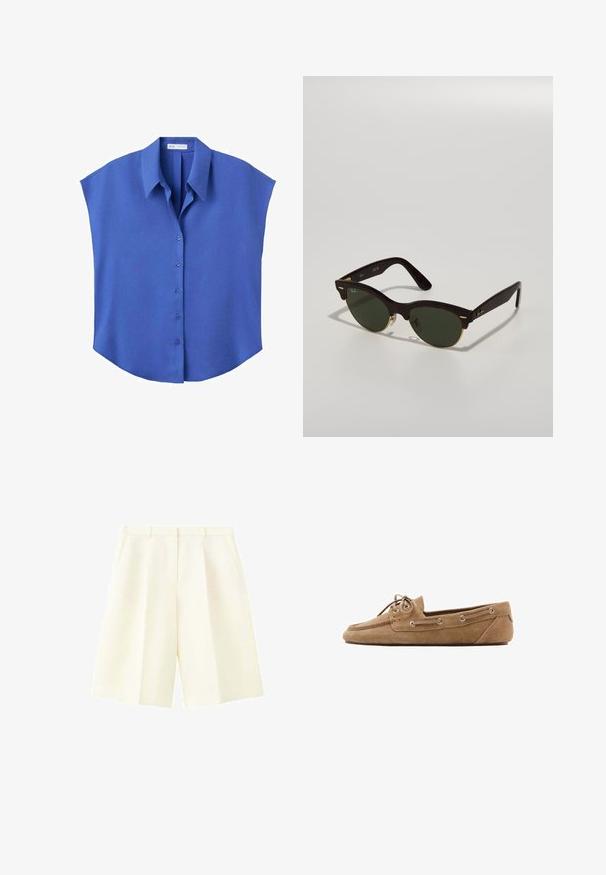 Blouse bleue sans manches avec boutons, col pointu et coupe ample et carrée.; Shorts cintrés couleur crème taille haute avec passants de ceinture, plis devant et poches latérales, présentés sur fond blanc.; Chaussure de conduite pour homme en daim marron clair avec bout moc toe, fermeture à lacets à l'avant et détails de lacets sur le côté, vue de profil sur fond blanc.; Lunettes de soleil en écaille de tortue avec des verres verts, de forme vintage, accents en métal doré fins, et un design de monture élégant.