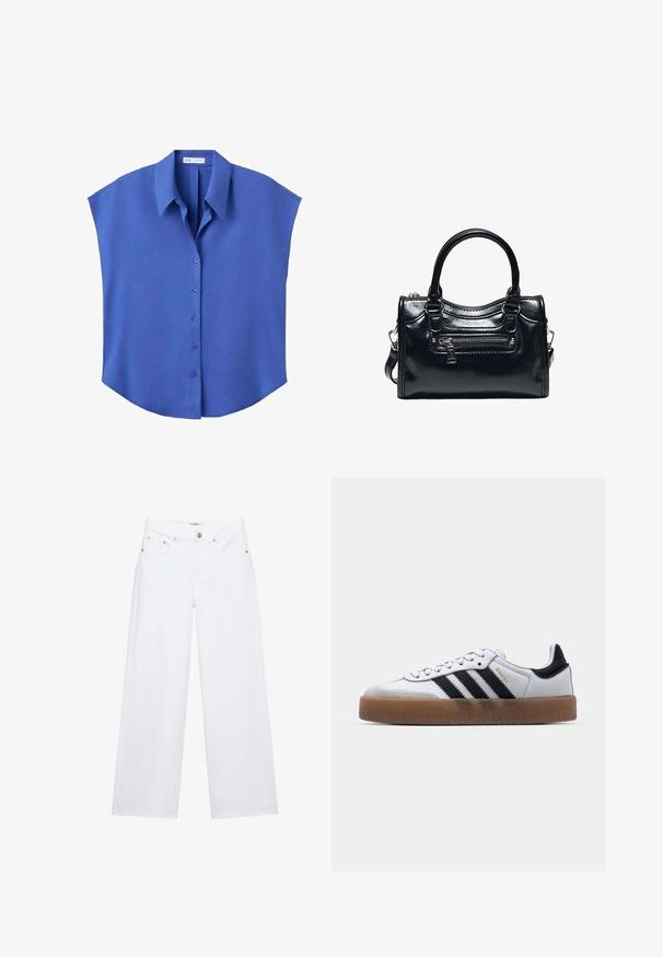Blouse bleue sans manches avec boutons, col pointu et coupe ample et carrée.; Jean blanc taille haute à jambes larges avec fermeture à boutons et zip, poches avant et arrière, et détails en rivets argentés.; Baskets en cuir blanc avec des rayures noires, semelle extérieure en caoutchouc beige, bout rond, fermeture lacée et embout en suède gris doux.; Sac à main en cuir noir brillant avec deux poignées, poche avant zippée et bandoulière amovible sur fond blanc.