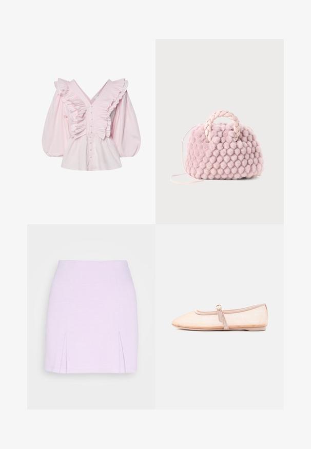 Roze katoenen blouse met een diepe V-hals, gerimpelde details langs het lijfje en volumineuze pofmouwen met knoopsluiting.; Even&Odd by Zalando Minirok - lilac; Licht beige platte schoen met een puntige neus en een enkele gesp aan de zijkant, weergegeven op een effen witte achtergrond.; Roze pompon textuur handtas met een gevlochten handvat en een dunne schouderriem. Ronde vorm, zachte oppervlakte, compact design.