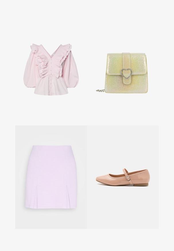 Pink bomuldsbluse med en dyb V-udskæring, rynkede detaljer langs kroppen og voluminøse puffede ærmer med knaplukning.; Even&Odd Mini skirts - lilac; Call it Spring JANEYY - Ballerinasko m/ rem - other beige; Lille skinnende guldfarvet håndtaske med sprukken tekstur, frontklap, hjerteformet rhinsten spænde og sølvkæde rem synlig fra siden.