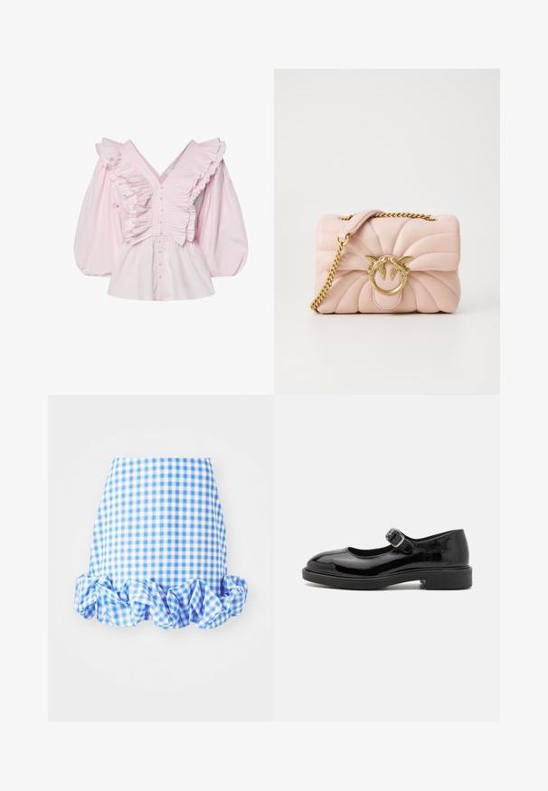 Pink bomuldsbluse med en dyb V-udskæring, rynkede detaljer langs kroppen og voluminøse puffede ærmer med knaplukning.; Blå og hvid ternet nederdel med en volangkant. Har en tætsiddende silhuet og blød stoftekstur. Mønsteret består af små ternede firkanter.; Sorte patentlæder Mary Jane-sko med rund tå, justerbar spænde, lav blokhælhæl og glat, blank finish.; Pudret pink lædertaske med gylden kædetras, der har en rund metalclasp og fugleaccent på forsiden. Blød tekstur og struktureret form.