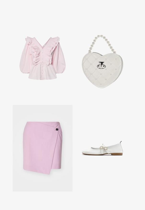 Roze katoenen blouse met een diepe V-hals, gerimpelde details langs het lijfje en volumineuze pofmouwen met knoopsluiting.; Lichtroze wikkelrok van een soepel stof, voorzien van een zijsluiting met knopen en een asymmetrische zoom voor een moderne silhouet.; Witte leren ballerina's met een ronde neus, platte zool en twee bandaccenten met ronde metalen gespen. Gladde textuur en een minimalistisch ontwerp.; Witte, gewatteerde handtas in hartvorm met parelhandgreep en zilveren sluiting met twee oogvormige details.