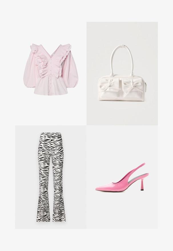 Pink bomuldsbluse med en dyb V-udskæring, rynkede detaljer langs kroppen og voluminøse puffede ærmer med knaplukning.; Sort-hvide flagrende bukser med zebra-mønster, lavet af et let stof med en elastisk talje for komfort.; Blank lyserød slingback-pumpe med spids tå og mellemhøj blokhæl på hvid baggrund.; Hvid syntetisk håndtaske med to forlommer, hver med en bundet sløjfedetalje. Glat tekstur, afrundede håndtag og lynlås lukning.