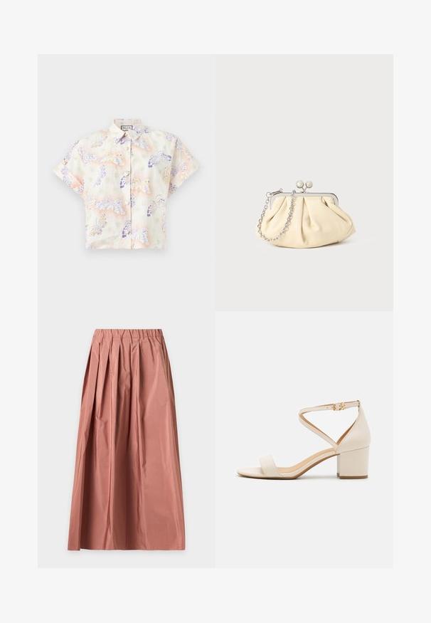 Chemise à manches courtes avec col et boutons, base blanche, imprimé de papillons pastel en violet, jaune et vert.; Longue jupe rose poudré avec plis, taille élastique et tissu léger, présentée à plat sur un fond clair.; Sandales à talon bloc beiges présentant un design minimaliste, bout ouvert et une sangle de cheville ajustable avec une boucle dorée. Texture lisse.; Pochette en cuir beige plissé avec un cadre en métal argenté, dotée de deux fermoirs ronds décoratifs et d'une chaîne en argent.
