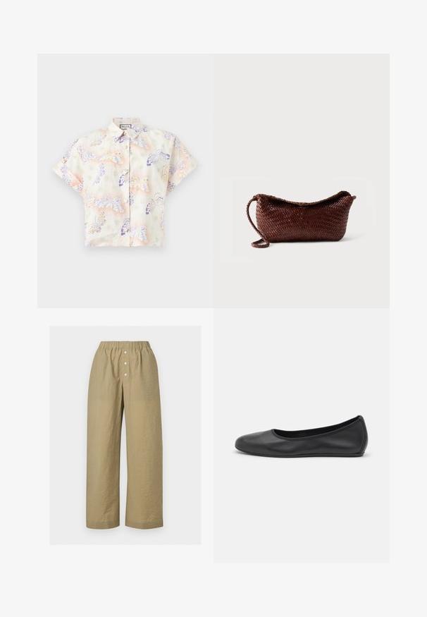 Chemise à manches courtes avec col et boutons, base blanche, imprimé de papillons pastel en violet, jaune et vert.; Pantalon beige à jambes larges avec une ceinture élastique et trois boutons blancs sur la patte de boutonnage devant, en tissu léger texturé.; Ballerines en cuir noir avec un bout rond, texture lisse, détails de couture minimalistes et design de semelle flexible.; Sac à main en cuir tressé marron avec une bandoulière unique et un dessus incurvé sur fond blanc uni.