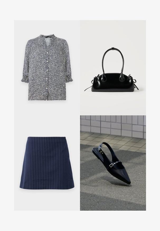 Dunkelblaue Bluse mit Leopardenmuster, Knopfverschluss und 3/4-Ärmeln mit Rüschensaum. Aus leichtem Stoff gefertigt.; Marineblaue Rock mit dünnen weißen vertikalen Streifen und einem geraden, knielangen Schnitt, auf einem schlichten weißen Hintergrund präsentiert.; Schwarzer Slingback-Flachschuh mit spitz zulaufender Spitze und doppelten Schnallenriemen, ruhend auf grauem Asphalt nahe einer gefliesten Wand.; Kleine schwarze glänzende Handtasche mit zwei langen Griffen und seitlichen Kordelzug-Details vor einfachem hellem Hintergrund.