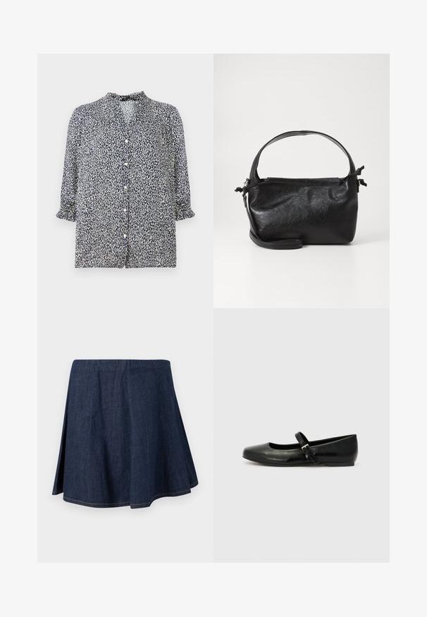 Marineblå bluse med leopardprint mønster, knaplukning og 3/4 ærmer med flæser. Lavet af letvægtsstof.; Mørkeblå denim A-formet nederdel med sideslids og synlige syninger langs kanten og sømmene, vist på en ensfarvet lys baggrund.; Sorte læder balletflade med rund tå, flad sål og en tynd justerbar rem over svangen med en metalspænde.; Sort læderhåndtaske med et struktureret design, rund tophåndtag og aftagelig skulderrem. Den har en glat tekstur og en subtil glans.