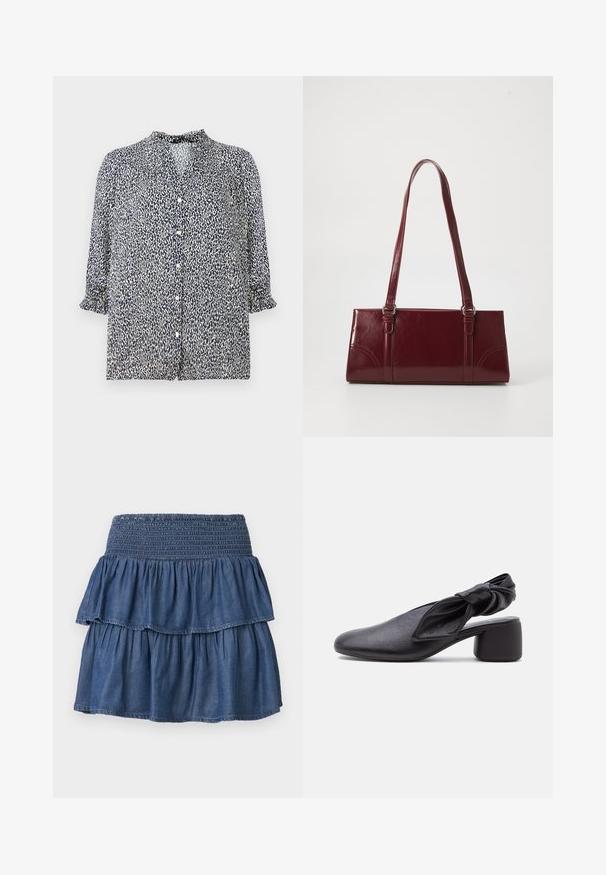 Dunkelblaue Bluse mit Leopardenmuster, Knopfverschluss und 3/4-Ärmeln mit Rüschensaum. Aus leichtem Stoff gefertigt.; Blauer gestufter Jeansrock mit weitem gerafftem Bündchen und zwei gesammelten Lagen auf einfarbigem Hintergrund.; Schwarzer Leder-Slingback-Schuh mit abgerundeter Spitze, einem geknoteten Riemendetail und niedrigem Blockabsatz auf weißem Hintergrund.; Burgunderfarbene Handtasche aus glänzendem Material, rechteckige Form, mit zwei Schulterriemen und subtilen, geschwungenen Akzenten an der Vorderseite.