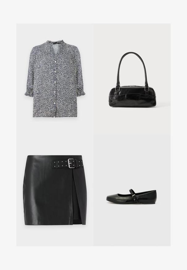 Dunkelblaue Bluse mit Leopardenmuster, Knopfverschluss und 3/4-Ärmeln mit Rüschensaum. Aus leichtem Stoff gefertigt.; Schwarzer Kunstleder-Minikilt mit verstellbarem Gürtel, der über eine silberne Schnalle und Nieten verfügt. Vorderes Wickeldesign und glatte Textur.; Schwarze Leder-Ballerinas mit einer runden Spitze, einer flachen Sohle und einem dünnen, verstellbaren Riemen über dem Spann mit einer Metallschnalle.; Schwarze Lederhandtasche in rechteckiger Form, mit einem stabilen Griff, silbernem Zubehör und Reißverschluss. Glatte Textur.