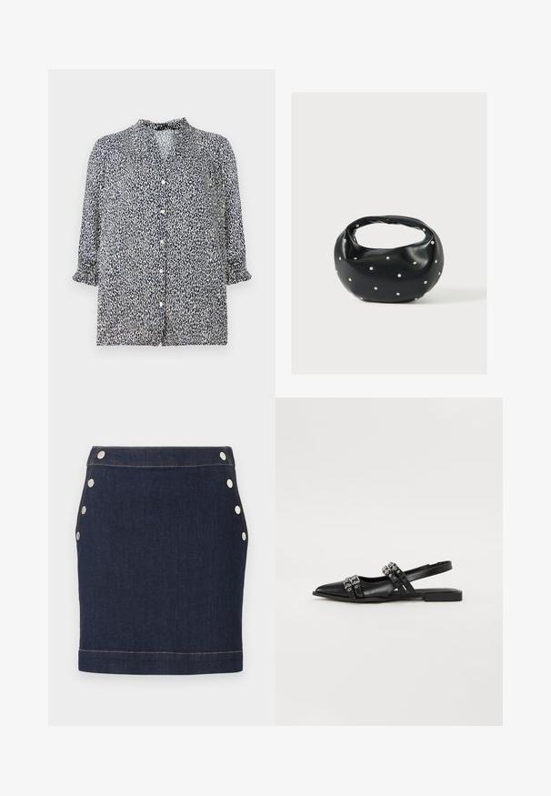Marineblå bluse med leopardprint mønster, knaplukning og 3/4 ærmer med flæser. Lavet af letvægtsstof.; Mørkeblå denim mini nederdel med seks sølvfarvede trykknapper, tre på hver side, og synlige lysebrune syninger ved talje og kant.; Even&Odd by Zalando Slingback-ballerinasko - black; Sort læderhåndtaske med en rundet form, dekoreret med sølvnitter, og et kort håndtag. Glat tekstur og lynlåslukning.