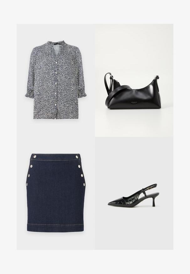 Dunkelblaue Bluse mit Leopardenmuster, Knopfverschluss und 3/4-Ärmeln mit Rüschensaum. Aus leichtem Stoff gefertigt.; Dunkelblauer Jeans-Minirock mit sechs silbernen Druckknöpfen, drei auf jeder Seite, und sichtbaren hellbraunen Nähten an Bund und Saum.; Schwarze Slingback-Absätze mit spitzem Zeh und einem strukturierten, krokodilpräge Muster. Enthält einen schmalen Knöchelriemen und einen kleinen Absatz.; Schwarze lederne Handtasche mit glatter Textur. Verfügt über einen verstellbaren Riemen und ein elegantes, minimalistisches Design mit einem Reißverschluss.