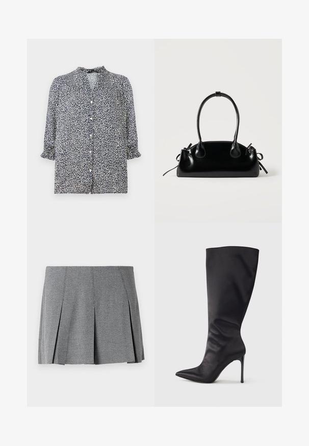 Dunkelblaue Bluse mit Leopardenmuster, Knopfverschluss und 3/4-Ärmeln mit Rüschensaum. Aus leichtem Stoff gefertigt.; Grauer, plissierter Minirock aus strukturiertem Stoff, mit Karomuster und geradem Schnitt sowie seitlichen Schlitzen.; Schwarzer kniehoher Stiletto-Stiefel aus glattem, elegantem Material; spitze Zehe; enganliegend mit subtilen Falten nahe dem Knöchel; glänzender Absatz.; Kleine schwarze glänzende Handtasche mit zwei langen Griffen und seitlichen Kordelzug-Details vor einfachem hellem Hintergrund.