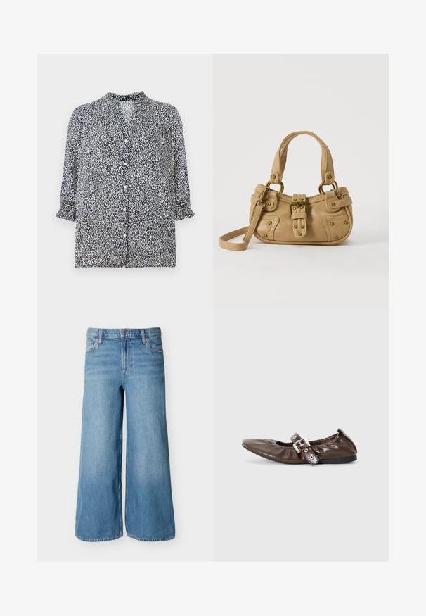 Dunkelblaue Bluse mit Leopardenmuster, Knopfverschluss und 3/4-Ärmeln mit Rüschensaum. Aus leichtem Stoff gefertigt.; Hellblaue, weit geschnittene Jeans aus Denim mit vorderer Knopfleiste, Reißverschluss, Gürtelschlaufen und Taschen, präsentiert vor einem schlichten Hintergrund.; Braunes Lackleder-Ballerina mit spitzem Zeh, elastischem Schleifendetail und silberner Schnallenakzent an der Seite. Schwarze Gummisohle.; Beige Lederhandtasche mit doppelten Griffen, Messingschnalle und Nieten, sowie verstellbarem Schultergurt vor weißem Hintergrund.