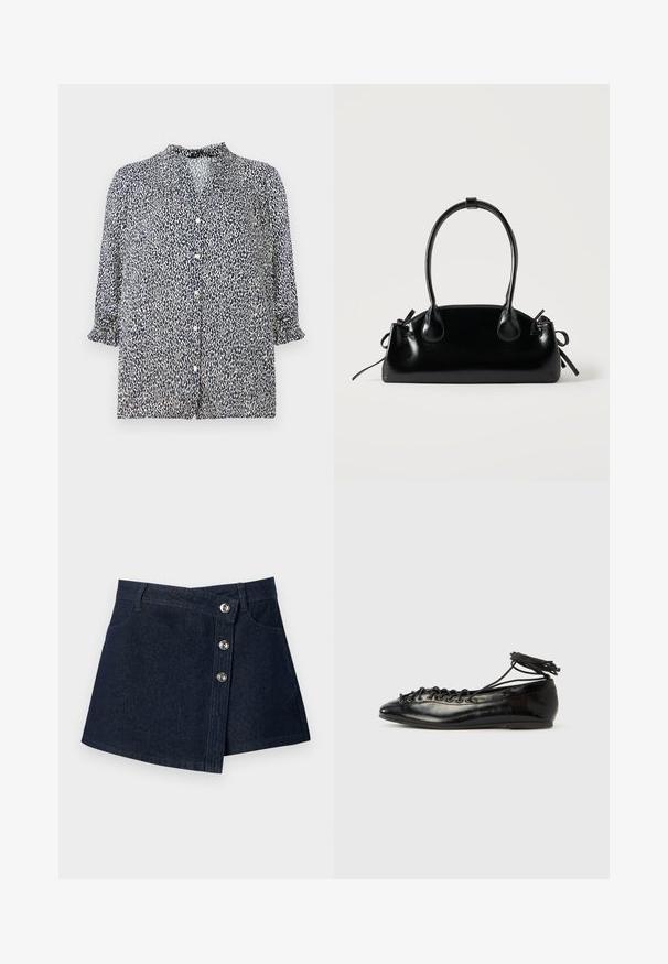 Dunkelblaue Bluse mit Leopardenmuster, Knopfverschluss und 3/4-Ärmeln mit Rüschensaum. Aus leichtem Stoff gefertigt.; Dunkelblauer Jeans-Minirock mit asymmetrischer Vorderseite, silbernen Knopfverschlüssen, Gürtelschlaufen und Vordertaschen vor einfarbigem Hintergrund.; Schwarze Ballerinas aus Lackleder mit runder Spitze, Schnürdesign und flacher Sohle. Glatte Textur mit minimaler Verzierung.; Kleine schwarze glänzende Handtasche mit zwei langen Griffen und seitlichen Kordelzug-Details vor einfachem hellem Hintergrund.