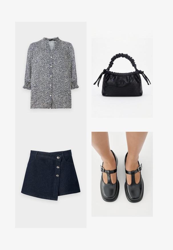 Blouse bleu marine avec un motif léopard, fermeture à boutons et manches 3/4 avec des poignets froncés. Fabriquée en tissu léger.; Mini-jupe en jean bleu foncé avec devant asymétrique, boutons argentés, passants de ceinture et poches avant sur fond uni.; Chaussures en cuir noir avec un design à bride en T, bout fermé et accents de boucles argentées. Texture lisse avec un bout arrondi et une semelle plate.; Sac à main noir avec texture crocodile, bord supérieur froncé, poignée plissée et pompons à cordon de chaque côté sur fond blanc.