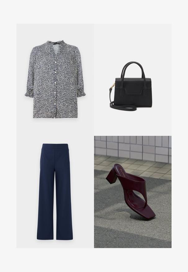 Marineblå bluse med leopardprint mønster, knaplukning og 3/4 ærmer med flæser. Lavet af letvægtsstof.; Marineblå brede bukser med elastisk talje, glat tekstur og to sidelommer, designet til komfort og bevægelsesfrihed.; Mørkerød sandal med høje hæle, firkantet tå og bred rem, placeret på flisebelagt og asfaltbelagt overflade.; Sort struktureret håndtaske lavet af læder med et topgreb, aftagelig skulderrem og detalje med frontklap. Guldhardware accenter.