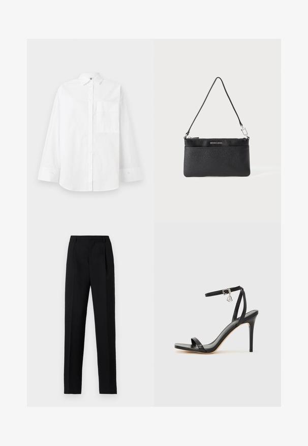 Chemise blanche à boutons en coton. Caractéristiques : manches longues, col, et une poche poitrine. Texture lisse, design classique.; Pantalon noir sur mesure avec une coupe droite, comprenant des plis à l'avant et une texture de tissu lisse. Taille simple sans ornements.; Sandale à talon haut noire avec une bride étroite à la cheville, bout carré, cuir lisse et accent de boucle métallique.; Porte-monnaie en cuir noir, finition texturée, fermeture à glissière, quincaillerie en métal argenté, logo de la marque, bandoulière réglable. Forme compacte et rectangulaire.