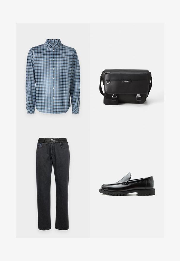 Skjorte med knapper i vævet bomuld, blå og sort ternet mønster, lange ærmer, krave, hvide knapper og justerbare cuffs.; Sorte denim jeans med lige pasform, der har en glat lædertalje, forlommer og diskrete syninger.; Sort læderloafer med chunky gummisål, syet overdel og præget mærkenavn på hælen, vist i sideprofil på hvid baggrund.; Sort tekstureret Lacoste messengertaske med justerbar rem, frontklap, lynlås lomme og metalspænder.