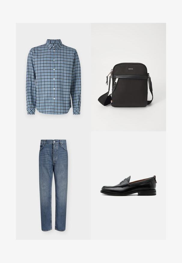 Skjorte med knapper i vævet bomuld, blå og sort ternet mønster, lange ærmer, krave, hvide knapper og justerbare cuffs.; Straight-leg blå denim jeans med høj talje, frontknaplukning og fem-lomme design på en ensartet lys baggrund.; Sort læder herre loafer med moc-tå syning, penny strop, struktureret krave og lav stablet hæl på hvid baggrund.; Sort crossbody taske med et struktureret stof, logo på fronten, lynlås lukning og justerbar rem. Har en glat læderkant.