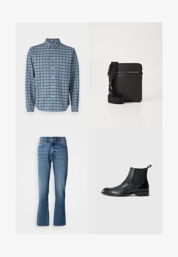 Chemise boutonnée en coton tissé, motif tartan bleu et noir, à manches longues, avec col, boutons blancs et poignets ajustables.; Jeans en denim bleu clair avec une coupe droite et une légère évasée. Comprend cinq poches, une fermeture à bouton et des détails de décoloration subtils.; Bottine en cuir noir avec des panneaux latéraux élastiques, bout rond et tirette. Texture lisse, semelle plate, design minimaliste.; Sac à bandoulière en cuir noir avec une surface texturée, poche avant zippée et une sangle en tissu réglable. Design simple et carré.
