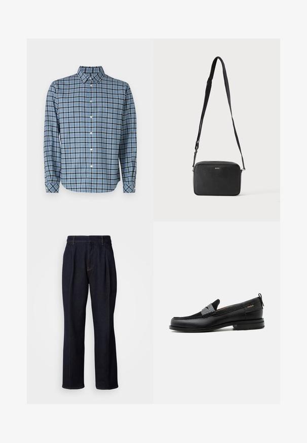 Skjorte med knapper i vævet bomuld, blå og sort ternet mønster, lange ærmer, krave, hvide knapper og justerbare cuffs.; Mørkeblå vidde denim jeans med frontfældninger og orange syninger, vist på hvid baggrund.; Sort læderloafer med grå remdetalje, lav hæl og tekstureret sål, mærket med "HUGO" i guld på siden.; Sort rektangulær crossbody taske med justerbar rem og BOSS-logo foran, sat mod en ensfarvet lys baggrund.