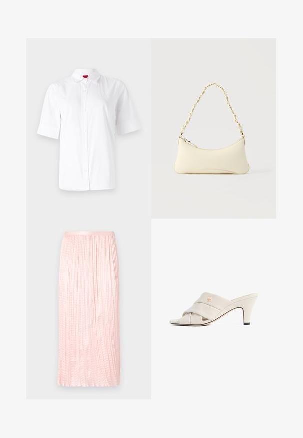 Camisa de botón blanca de manga corta con un cuello clásico, hecha de una tela suave. Presenta un logo bordado en el área del pecho izquierdo.; Falda midi plisada en rosa suave, con una textura suave y una cintura elástica. Diseñada con pliegues verticales que le dan un aspecto fluido.; Mules de tacón alto beige con diseño de tira de cuero torcida, punta abierta y detalle de logotipo en relieve. El tacón tiene un detalle en punta negra.; Bolso pequeño de color crema con forma curva y asa de cadena trenzada en tono dorado, cierre con cremallera en la parte superior