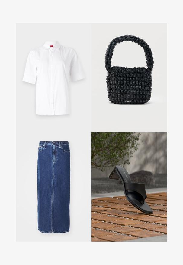 Hvid kortærmet skjorte med knaplukning og klassisk krave, lavet af glat stof. Har et broderet logo på venstre brystområde.; Mørkeblå denimnederdel, knælang, med slidse foran, traditionel talje og fem-lommes design med kontrasterende syninger.; Sort Calvin Klein hælet sandal med tå-loop på trægulv udendørs nær et træ og en stenmur.; Lille sort quiltet håndtaske med kort polstret håndtag og "HUGO" mærke på forsiden, vist mod en ensfarvet lys baggrund.