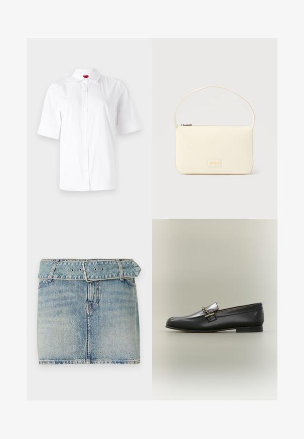Chemise blanche à manches courtes avec col classique, fabriquée en tissu lisse. Présente un logo brodé sur la zone gauche de la poitrine.; Jupe en denim mini avec un délavage bleu clair, dotée d'une taille ceinturée avec une boucle en métal, cinq poches et un léger effet dégradé pour la texture.; Mocassin en cuir noir avec dessus argenté, détail de chaîne dorée, petit talon et bout arrondi sur fond neutre.; Sac à main rectangulaire de couleur crème avec une seule sangle et une fermeture éclair sur le dessus, comportant une petite plaque de logo embossé à l'avant.
