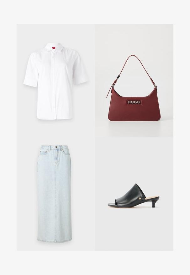 Chemise blanche à manches courtes avec col classique, fabriquée en tissu lisse. Présente un logo brodé sur la zone gauche de la poitrine.; Jupe maxi en denim bleu clair avec un design droit, fermeture à boutons sur le devant et couture visible. Elle comporte deux poches avant.; Mules ouverts en cuir noir avec un talon bas. Présentent une surface lisse et un accent logo doré sur le côté.; Petit sac à main rectangulaire en cuir bordeaux avec une bandoulière ajustable et une plaque logo « HUGO » en argent à l'avant.