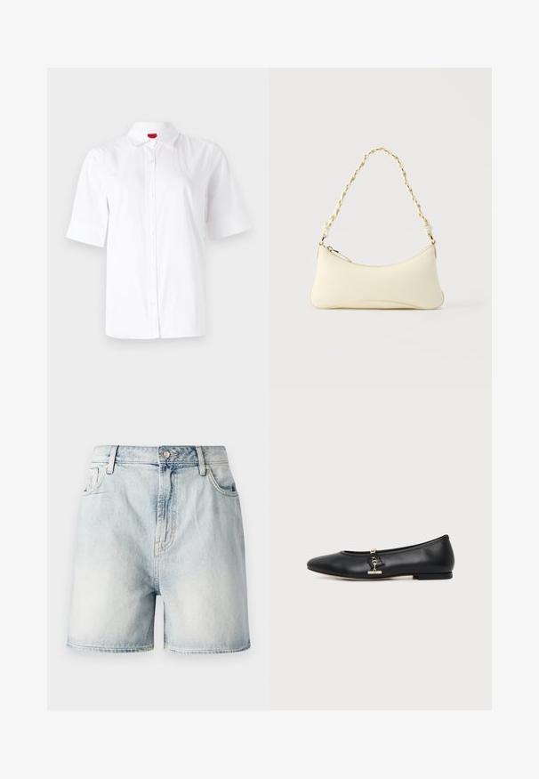 Camisa de botón blanca de manga corta con un cuello clásico, hecha de una tela suave. Presenta un logo bordado en el área del pecho izquierdo.; Pantalones cortos de mezclilla azul claro con cierre de botón, cinco bolsillos y una textura deslavada. Corte recto con un diseño clásico.; Zapato plano de piel negra con puntera redondeada y pequeño detalle de hebilla dorada en el lateral, mostrado sobre un fondo claro y liso.; Bolso pequeño de color crema con forma curva y asa de cadena trenzada en tono dorado, cierre con cremallera en la parte superior