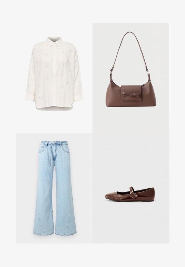 Chemise blanche à boutons avec manches longues et motif de broderie ajourée florale, col à revers et ourlet légèrement arrondi.; Jean denim bleu clair à jambes larges, avec poches avant, passants de ceinture et ceinture nouée ample à la taille sur un fond uni.; Ballerine en cuir verni marron avec un bout carré et une lanière ornée d'une petite boucle dorée. Texture lisse, talon bas et design minimaliste.; Sac à bandoulière en cuir marron avec une poche à rabat avant ornée d'un détail en forme de nœud cousu et une sangle réglable.