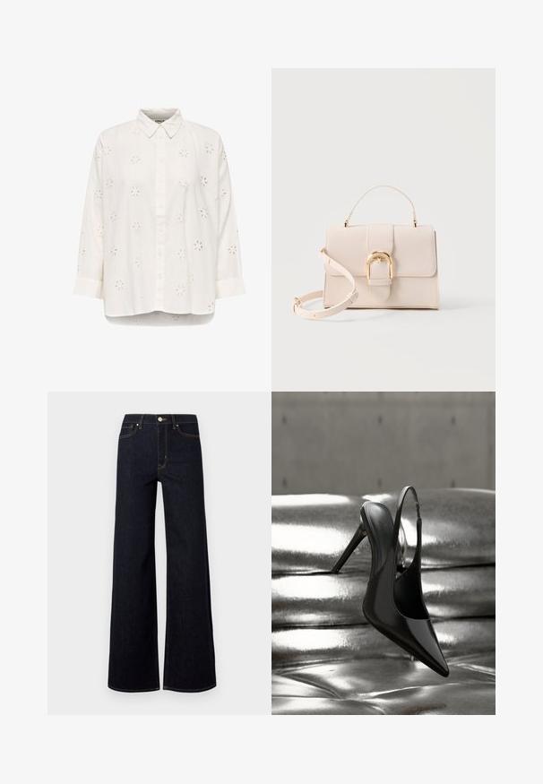 Hvid skjorte med knapper, lange ærmer og blomsterformet udskæringsbroderi, krave og let rundet kant.; Mørkeblå brede jeans lavet af denim, med høj talje, kontraststing og en enkelt metalknap foran.; Blank sort højhælet slingback-sko balanceret på en blank sølvfarvet metallisk polstret overflade med glat tekstur.; Beige struktureret håndtaske med top-håndtag, aftagelig skulderrem og guldfarvet buet spænde på en lys baggrund.