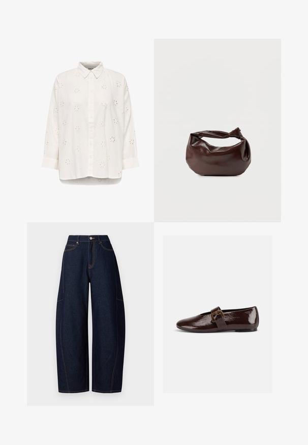 Hvid skjorte med knapper, lange ærmer og blomsterformet udskæringsbroderi, krave og let rundet kant.; Bredde ben mørkeblå denimbukser med kontrasterende orangetråd, fem lommer og en knap- og lynlåslukning i taljen.; Mørkebrun laklædersko med stor guldlås og rund tå, vist i sideprofil på hvid baggrund.; Mørkebrun læder skuldertaske med en blød, afslappet form og et snoet knudehåndtag på en ensartet hvid baggrund.
