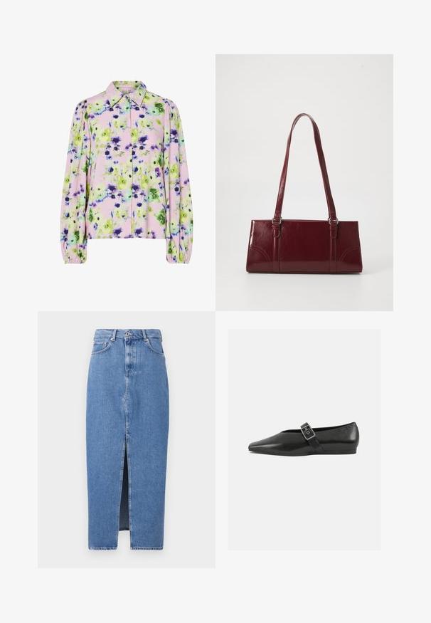 Blomstret bluse i pastelfarvet pink stof med grønne og lilla blomster mønstre, kraveudskæring og puffede lange ærmer.; Lyseblå denim midi-nederdel med en frontslids, klassisk fem-lomme design og lukning med topknap. Stoffet har en let struktur.; Sorte læder flade sko med spidse tæer, prydet med en metallisk spænde over vristen og en lav, fleksibel sål.; Bordeaux håndtaske lavet af glansfuldt materiale, rektangulær form, med to skulderremme og subtile buede detaljer på forsiden.