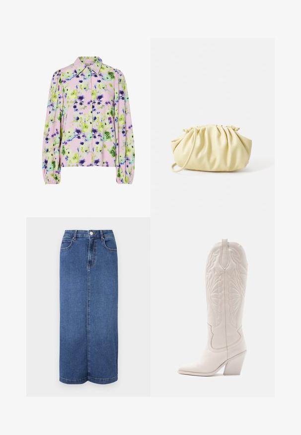 Blomstret bluse i pastelfarvet pink stof med grønne og lilla blomster mønstre, kraveudskæring og puffede lange ærmer.; Mørkeblå denim maxiskørt med lige snit, talje med knaplukning og minimale syninger.; Hvide læder cowboystøvler med spidse tæer og blokhæle. Har intrikate syninger på skaftet og en glat tekstur.; Gul plisseret håndtaske lavet af glat kunstlæder, med en blød form, en enkelt skulderrem og samlet topdesign.