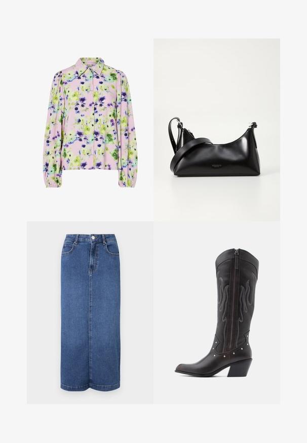Blumenbluse aus pastellpinkem Stoff mit grünen und lila Blumendrucken, mit Kragen und puffärmeligen langen Ärmeln.; Maxi-Rock aus Denim in Dunkelblau, mit geradem Schnitt, Bund mit Knopfverschluss und minimalistischen Nähten.; Braune Cowboy-Stiefel aus Leder mit Flammenstickerei, seitlichem Reißverschluss, silbernen Nieten, spitzer Zehenpartie und geschichtetem Absatz.; Schwarze lederne Handtasche mit glatter Textur. Verfügt über einen verstellbaren Riemen und ein elegantes, minimalistisches Design mit einem Reißverschluss.