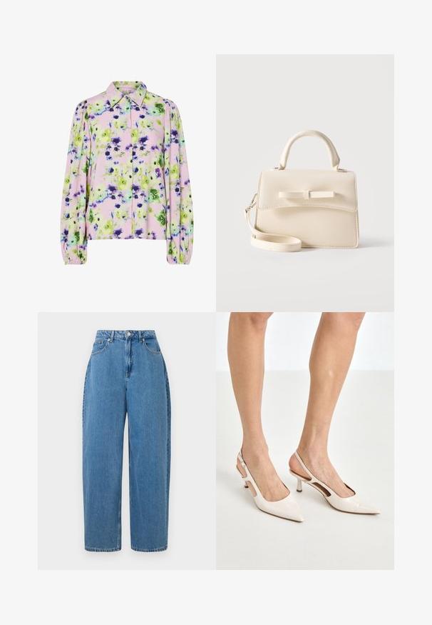 Blomstret bluse i pastelfarvet pink stof med grønne og lilla blomster mønstre, kraveudskæring og puffede lange ærmer.; Lyseblå denimbukser med lige ben, høj talje og lukning med frontknap. Har fem lommer og minimale syninger.; Beige patenterede læder slingback hæle med spids tå og 5 cm hæl, med udskårne sider og en tynd ankelrem.; Lille beige håndtaske med top-håndtag, aftagelig rem, forreste klap og dekorativ vandret sløjfe på en ensfarvet baggrund.